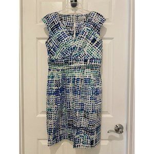 CALVIN KLEIN Blue Green White Sleeveless Fit & Flare Dots Print Dress Sz 10